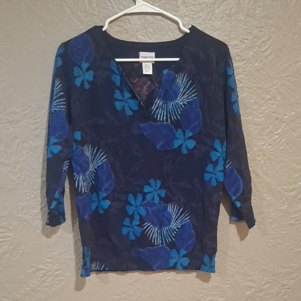 Chico's Blue 3/4 Sleeve Floral Blouse